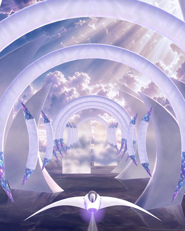 VEIL: a glass aircraft flying through a tunnel of pearl arches in a storm sky
